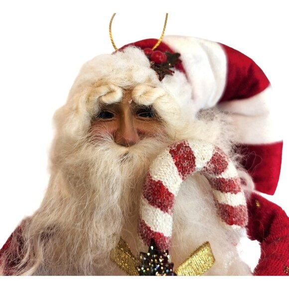 14" Santa Claus Candy Cane Ornament Glitter Details & Bell Vintage Realistic Fac - Picture 2 of 11